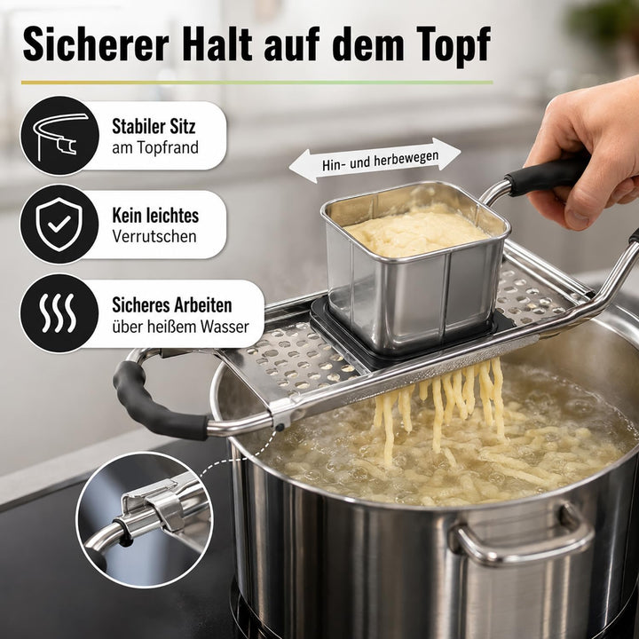 Edelstahl Spätzlehobel, Spätzlepresse mit Gummigriff, Spätzle Reibe, Spätzlehobel mit Teigschlitten,