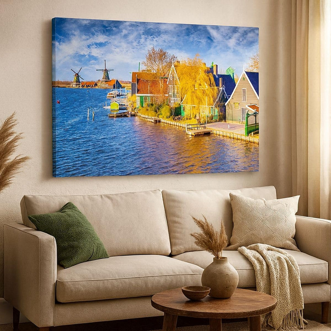 Bilder auf Leinwand 100x70cm Leinwandbild Landschaft Windmühle Wasser Dorf Gross Wanddeko Bild Schla