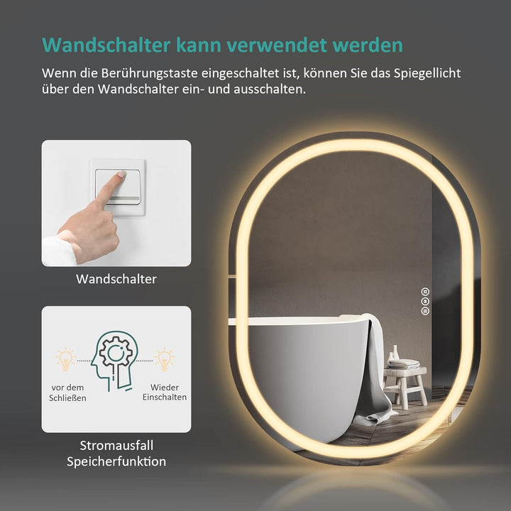 EMKE badspiegel mit Beleuchtung 80x60cm, Badezimmerspiegel mit Touchschalter, Beschlagfrei, 3 Lichtf