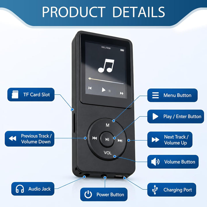 128GB MP3 Player Bluetooth 5.3 mit Lautsprecher, inkl. 128GB Speicherkarte, 1,8 Zoll TFT Musikplayer