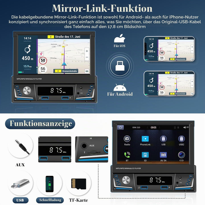 Hikity AM FM Autoradio 1 Din Wireless Carplay Android Auto, Touch Screen 7 Zoll Ausfahrbarem Display