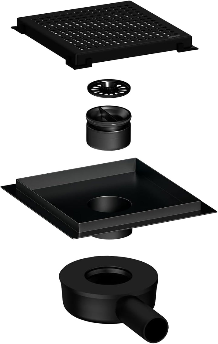 Neodrain Bodenablauf Edelstahl Duschrinne Quadrat Schwarz 20 x 20 cm Duschablauf mit 360° Siphon Ger