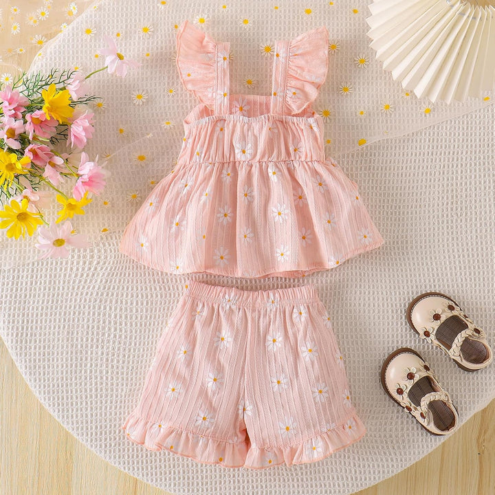Sommerkleidung für Babys Mädchen Niedliches Rüschen-Gänseblümchen-Top Shorts und Hose Set für Kleink