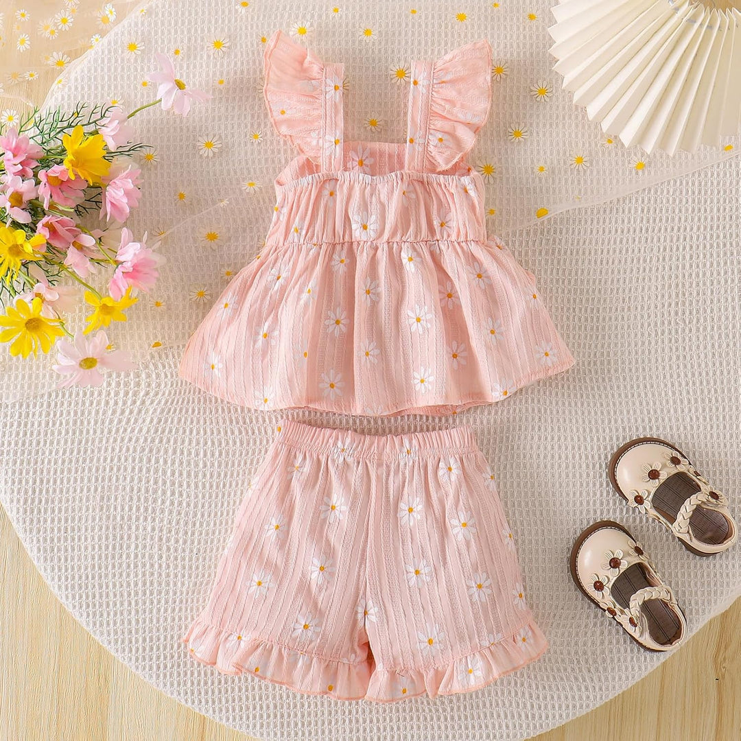 Sommerkleidung für Babys Mädchen Niedliches Rüschen-Gänseblümchen-Top Shorts und Hose Set für Kleink