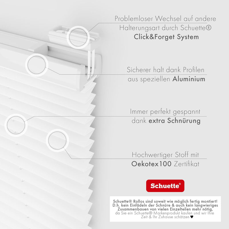 Schuette® Plissee ohne Bohren ● Premium Kollektion: White Day (Weiss) ● 80x130cm (Breite x Höhe) ● S