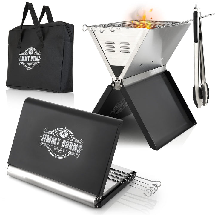JIMMY BURNS Campinggrill Holzkohle Edelstahl | [Notebook Design] | für 2-4 Personen | Barbecue Klapp