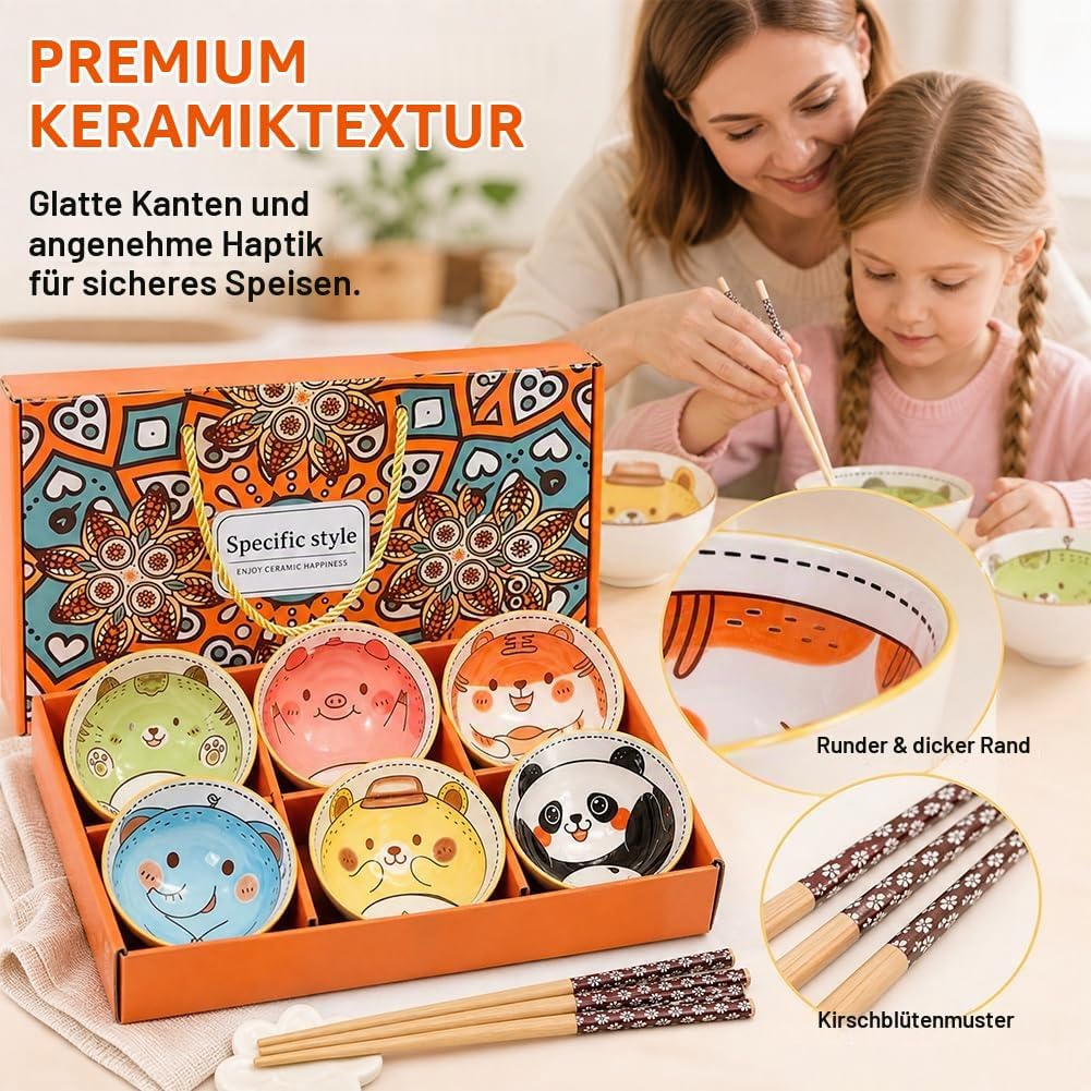 DASIAUTOEM 6er Müslischalen aus Porzellan, Japanisches Bunt Cartoon Design, Dessertschalen für Kinde