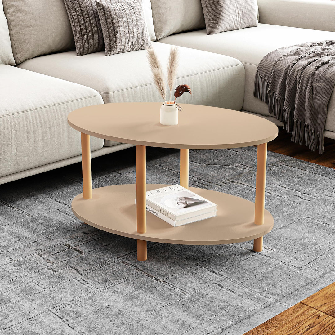 [en.casa] Couchtisch Højreby Sofatisch mit 1 Ablage oval Wohnzimmer 70 x 44 x 43 cm Beine aus Buchen