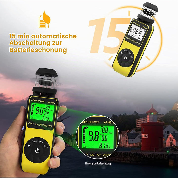Digitaler Anemometer Handheld AP-881M Windmesser Anemometer mit 360°Windrichtung Wind Cup Anemometer