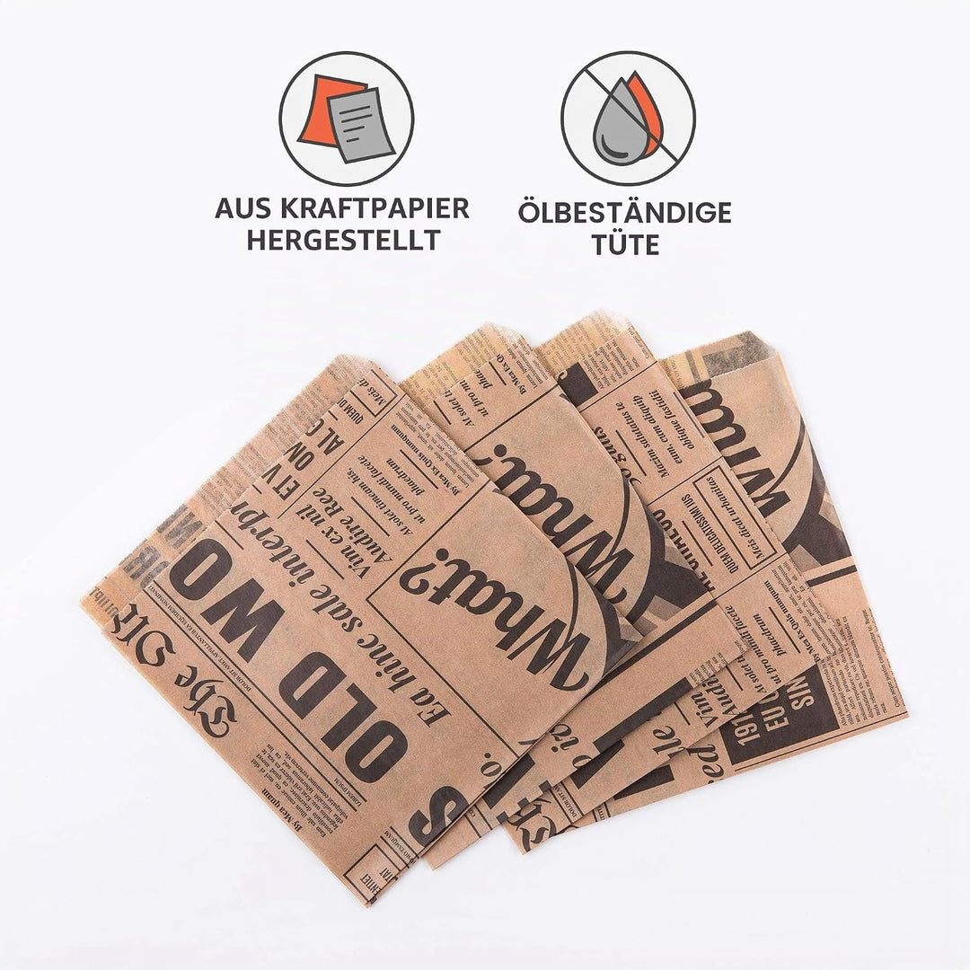 Oldnews Lebensmitteltüten, Speisetüten, Partytüten aus Papier, 150 x 150 mm, für Burger und Pommes (