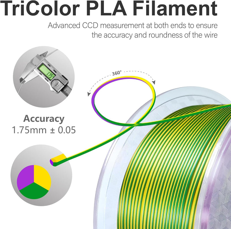 3D Drucker PLA Filament,Tri-Colors Coextruded Drucker Filament,1,75 mm (+/- 0,02 mm), 2,2 LBS (Gold-