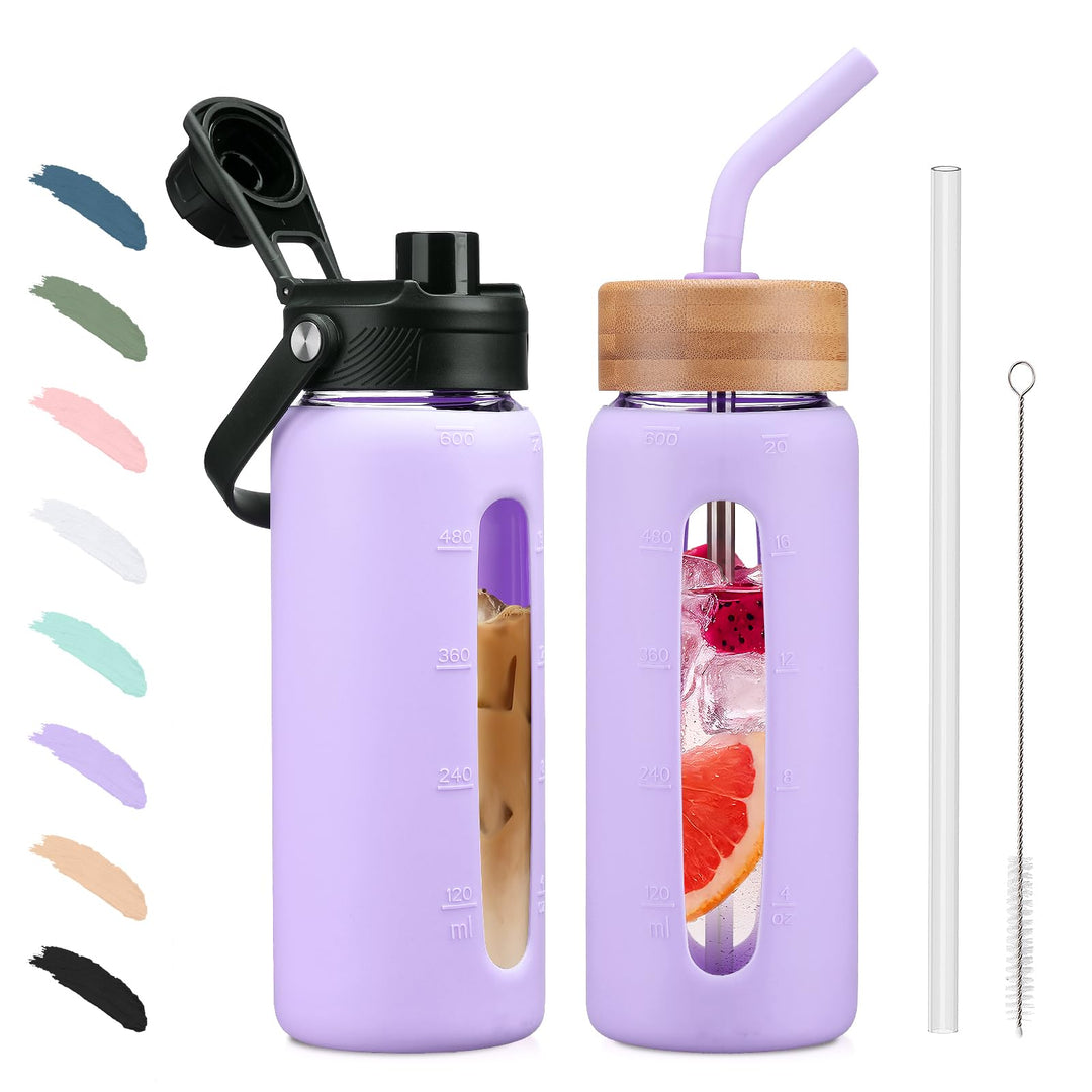 BLUEGO 600ml Glaswasserflasche mit Strohhalm und 2 Deckeln Kaffeetasse aus Glas mit Zeitmarkierung u