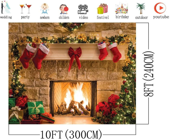 AIIKES 10x8FT Frohe Weihnachten Hintergrund Baumsocken Geschenk Familienfeier Ornamente Hintergrund