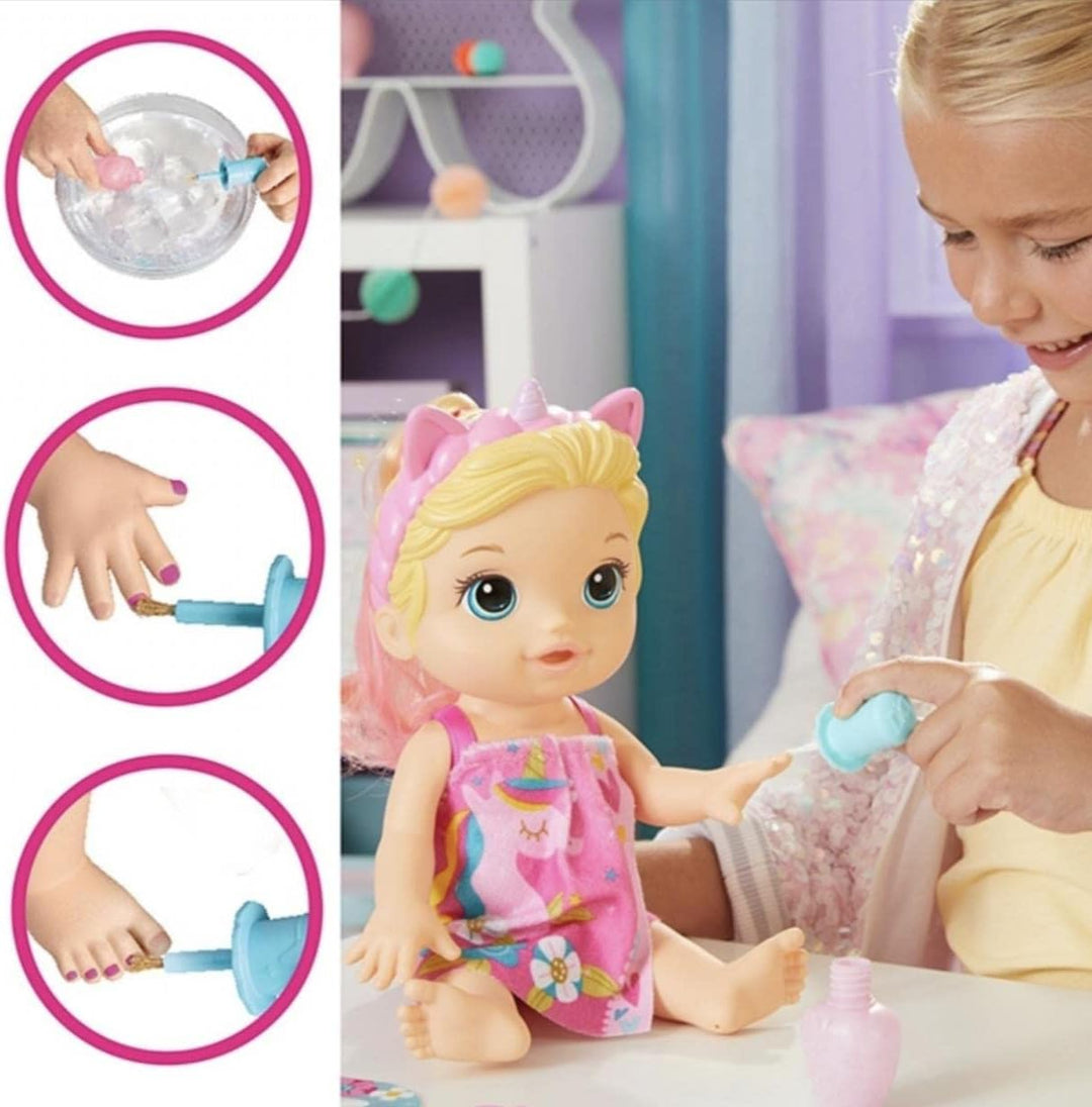 Baby Alive F3564 Baby Beauty Babypuppe, 32,5 cm, Einhorn-Motiv, magisches Make-up und Nägel, Blondes