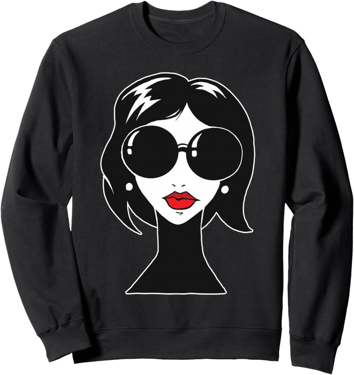 Frau in schwarz weiss mit Sonnenbrille und roten Lippenstift Sweatshirt