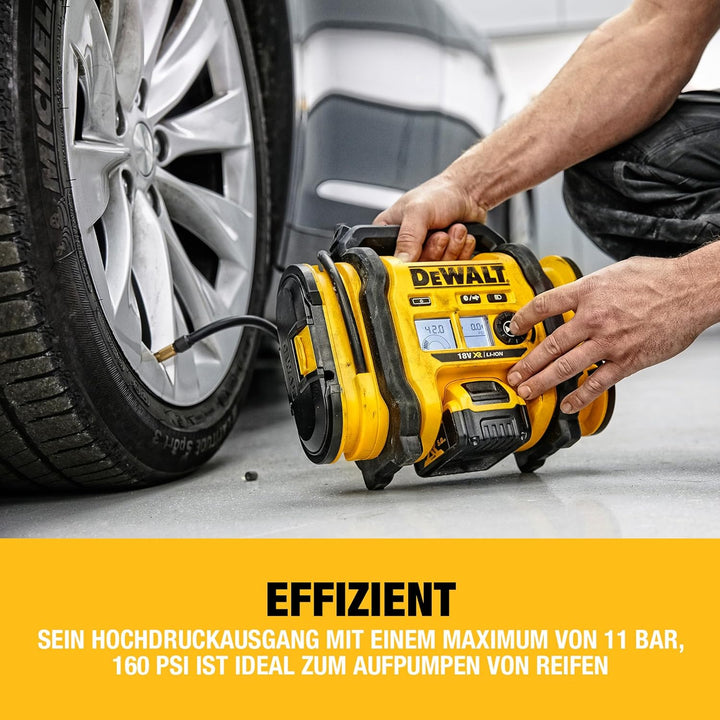 Dewalt Akku-Kompakt-Kompressor (12V-Anschluss oder 18V Akku, 11 bar, für Fahrrad- und Autoreifen, Ro