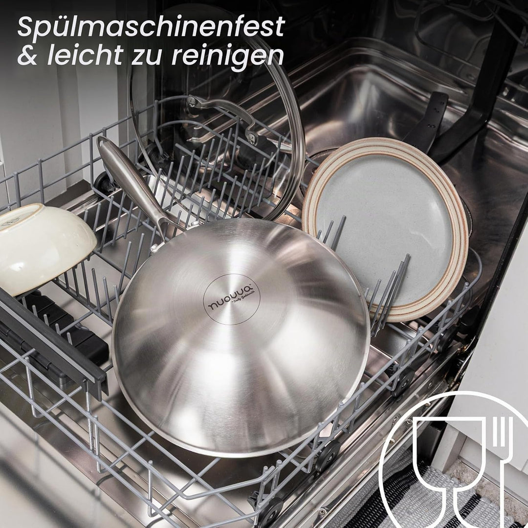 Nuovva Edelstahl Wokpfanne Antihaft – Induktionsgeeignete tiefe Pfanne zum Braten &amp; Wok-Kochen – 28