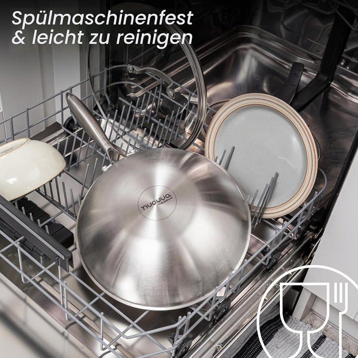 Nuovva Edelstahl Wokpfanne Antihaft – Induktionsgeeignete tiefe Pfanne zum Braten &amp; Wok-Kochen – 28