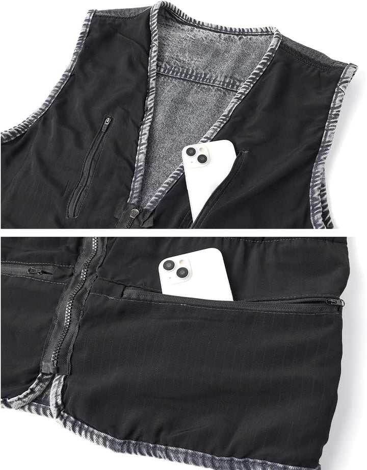 KTWOLEN Herren Outdoor Weste Casual Denim Weste Multi-Taschened Motorradweste Outdoor Ärmellos Angel
