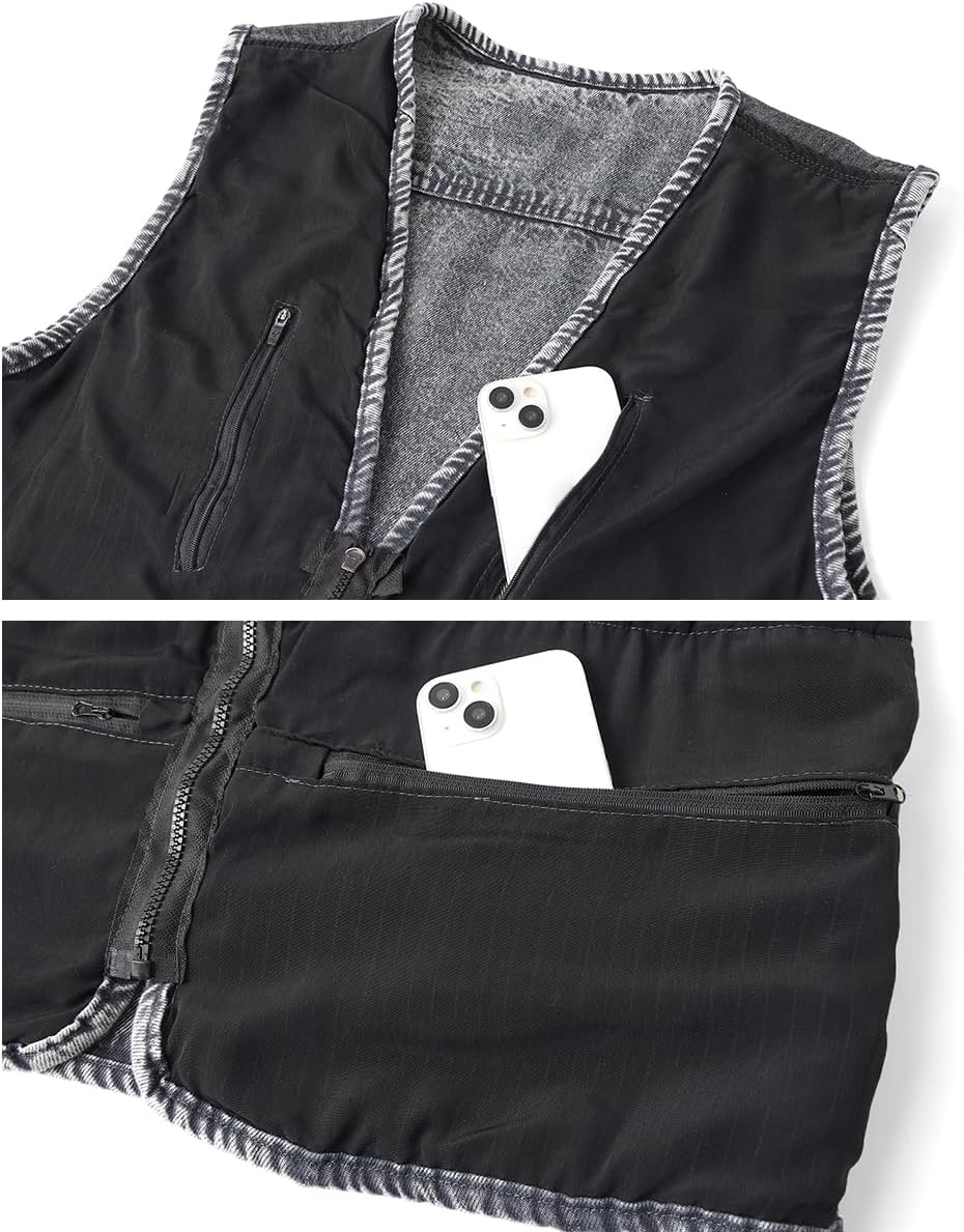 KTWOLEN Herren Outdoor Weste Casual Denim Weste Multi-Taschened Motorradweste Outdoor Ärmellos Angel