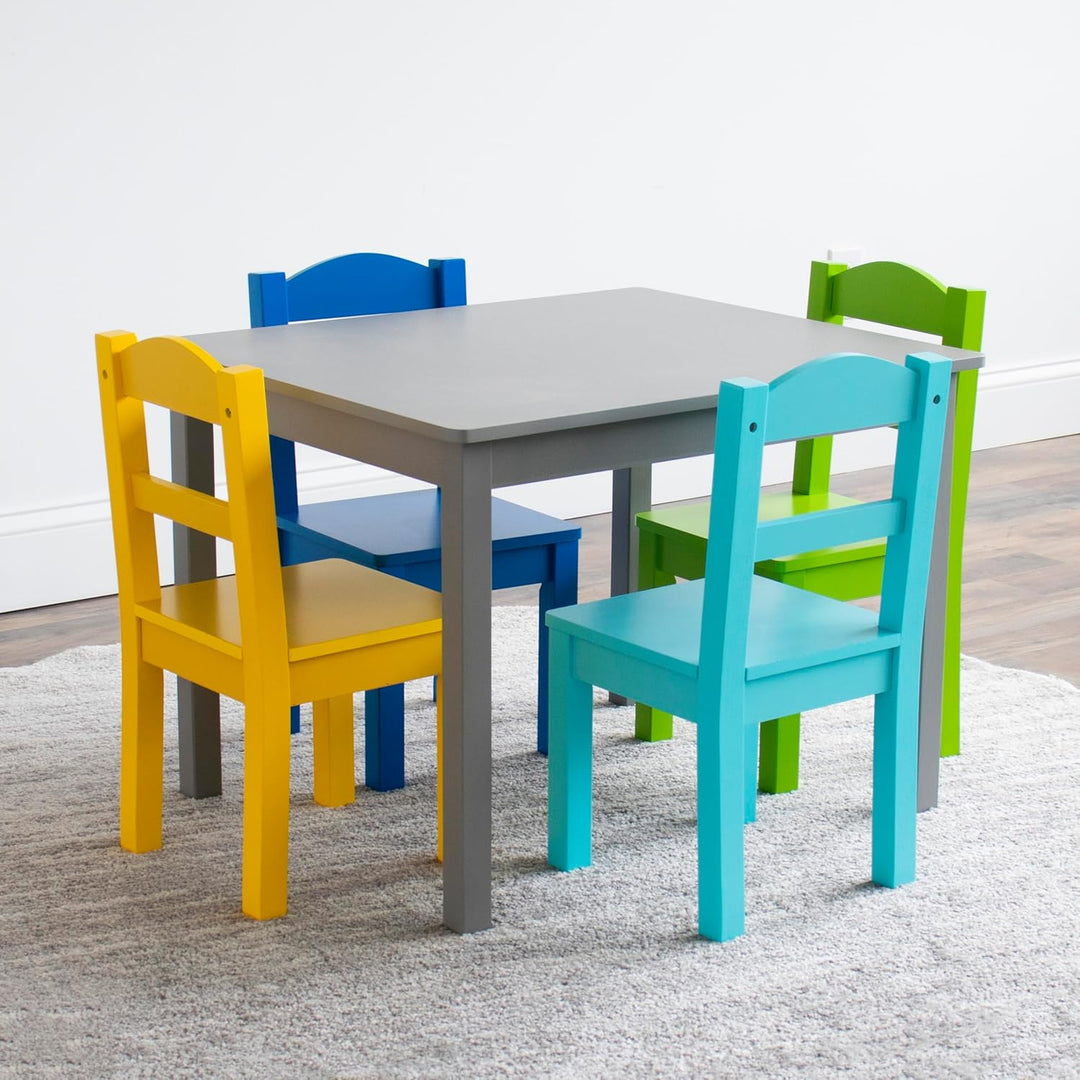 Humble Crew bunter Holztisch für Kinder, Grau/Blau/Grün/Gelb! Mit 4 Stühlen, ideal für Kinderzimmer.