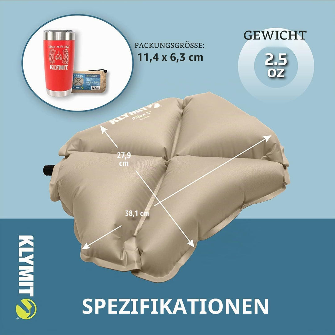 Klymit Pillow X Aufblasbares Camping- und Reisekissen Coyote-sand, Coyote-sand
