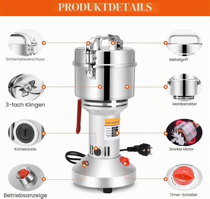 Getreidemühle Elektrisch, 500g Elektrische Getreidemühle Edelstahl Mühle mit 28000rpm Starker Motor