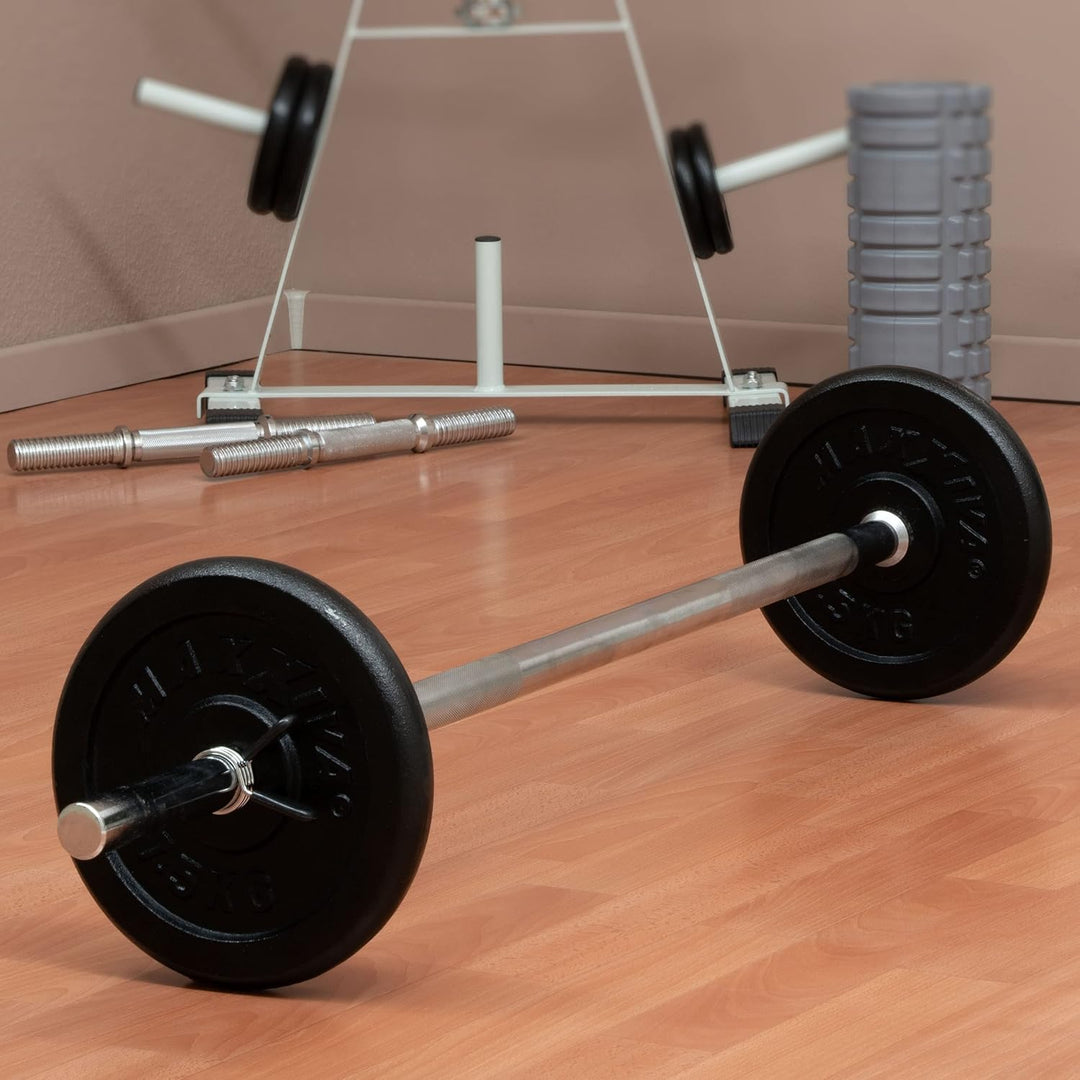 MAXXIVA® Langhantelstange - 120/140/160/180 cm, 30mm, bis 300kg, Stahl, Chrom, Federverschluss - Lan