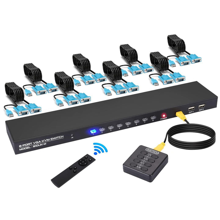 DGODRT VGA KVM Switch 8 Port mit 8 KVM Kabel, USB Umschalter für 8PC Sharing Tastatur, Maus, Drucker