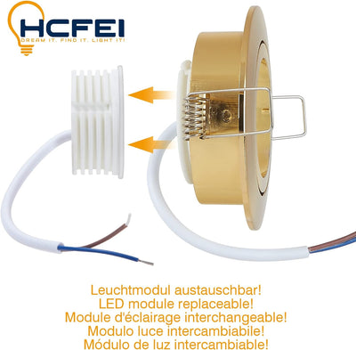 HCFEI LED Einbaustrahler dimmbar Gold farbig Rund Schwenkbar 5W flach 230V Einbau-Spot Strahler Einb