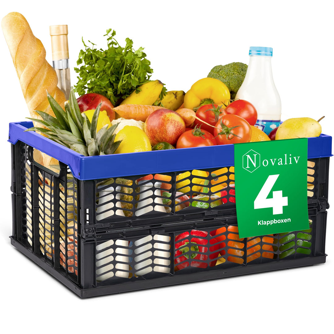 Novaliv Klappboxen faltbar stabil 4x 30L Blau Schwarz baskets Einkaufskiste Klappkisten Set Tragebox
