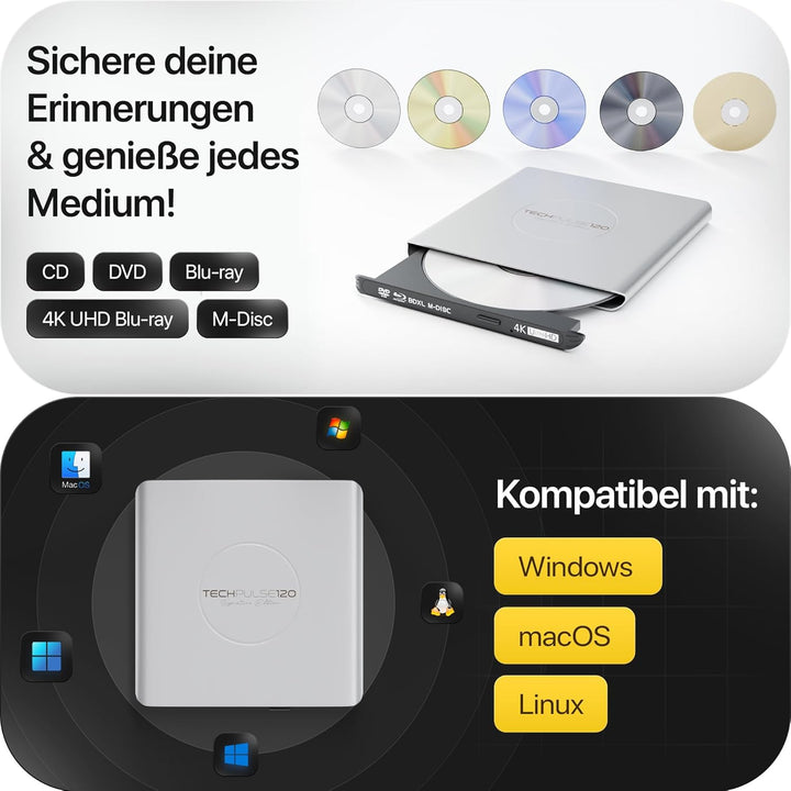 techPulse120 Externes USB 3.1 USB-C UHD 4k 3D M-DISC Blu-ray DVD CD HDR10 128GB Laufwerk Brenner Bur