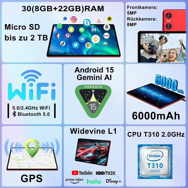 Android 15 Tablet 10 Zoll mit Gemini AI, 30 GB RAM + Erweiterbar auf 2 TB ROM, Widevine L1, 5G WLAN,
