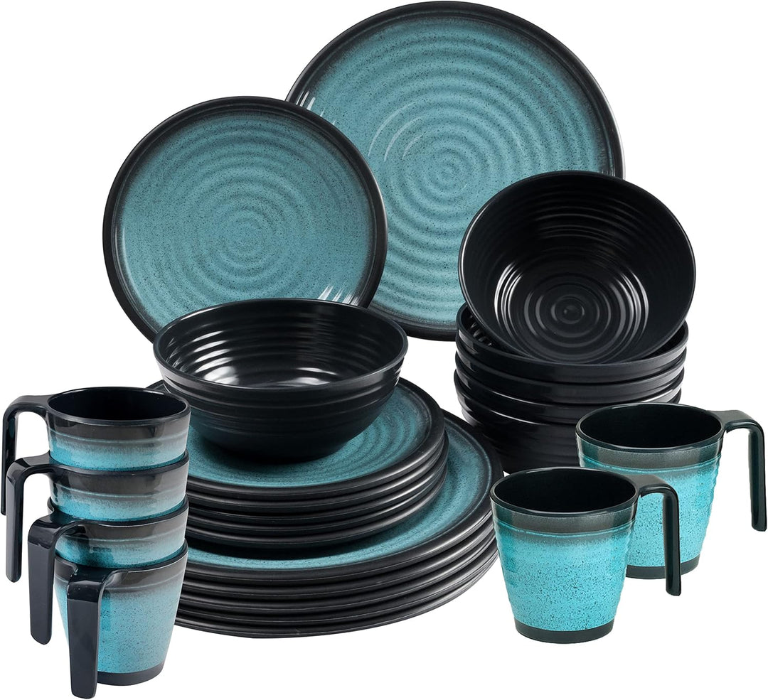 Melamin Geschirr Set 30 Teile elegante Steingut Optik blau Tassen 320ml 6 30 Teile - Trinkglas 320 m