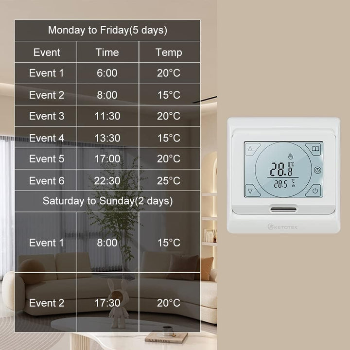 KETOTEK Programmierbare Digitales Thermostat für Wasser Fussbodenheizung 3A 230V, Raumthermostat Fus