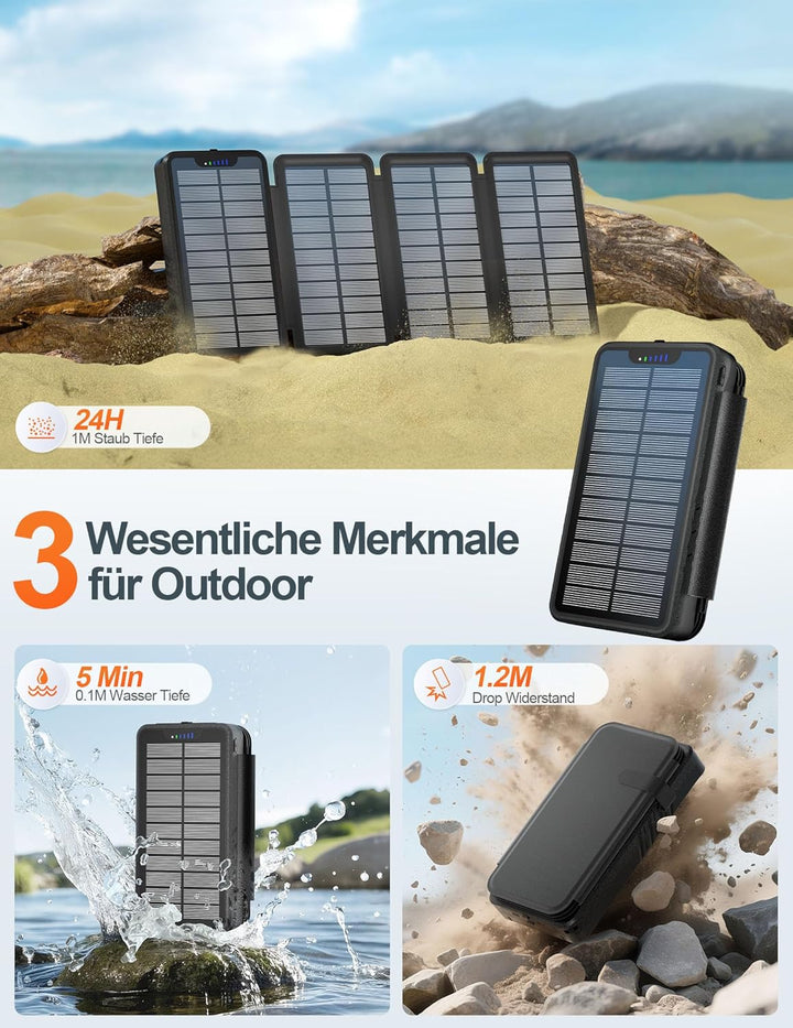 Solar PowerBank 26800mAh, Solar Ladegerät mit 4 Solarpanels, Taschenlampe, Zwei 5V 2.1A USB-Ports Ex