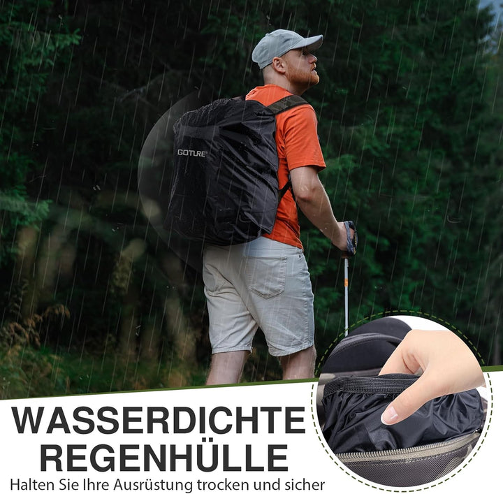 Goture Angelrucksack 45L, 4 Köderboxen, wasserdicht, Rutenhalter, Outdoor Schwarz Grau Tarn mit 4 Kö