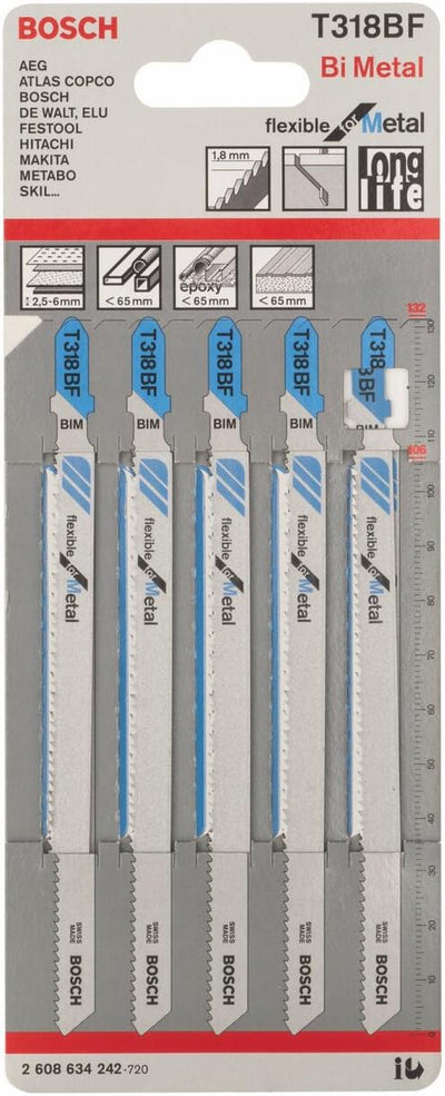 Bosch 5x Stichsägeblatt T 318 BF Flexible for Metal (für Aluminiumrohre & -profile, Professional Zub