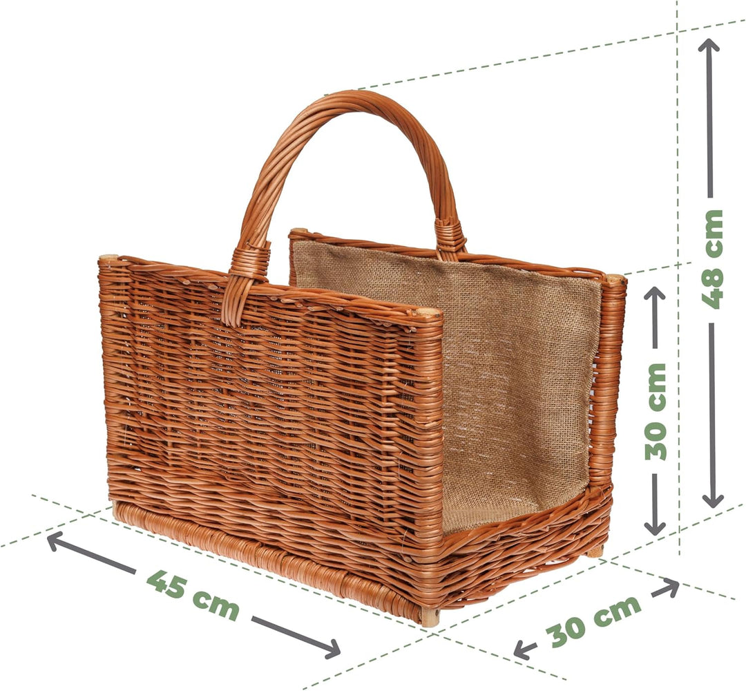 BOGATECO Weidenkorb mit Griff quadratisch | Kaminkorb 45X30X30 | Handgewebt | Mit Jute ausgekleidete