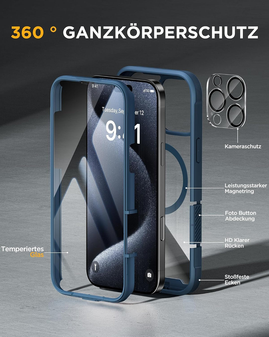 Miracase 360 Grad für iPhone 16 Pro Max Hülle mit Magsafe, Eingebaut Glas Schutzfolie, Komplettschut