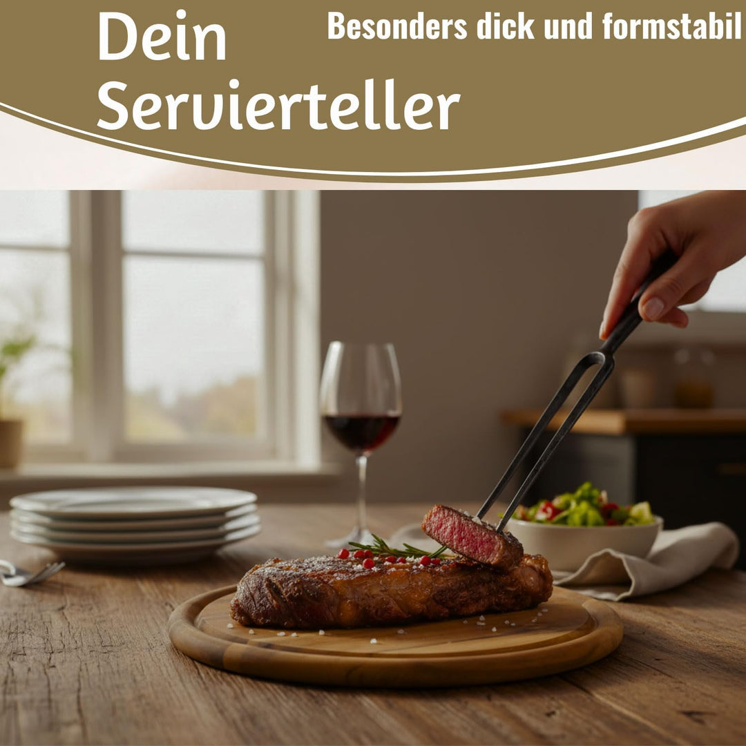 LS-LebenStil 6x Holz Fleischteller 25cm Rund FSC Akazie - Set - 6 Stück - Schneidebrett mit Saftrill