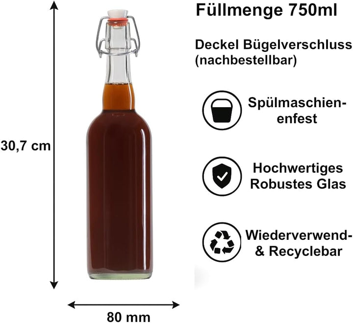 hocz 6er Set Bügelflaschen Bügelflasche Glasflaschen 750ml mit Bügelverschluss zum Selbstbefüllen in