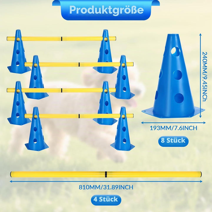 Agility Set Hunde Hürden Steckhürdenset,8 Kegel (24cm)+4 Stangen (81cm) ,Einstellbare Trainingshürde