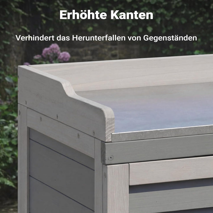 Gartentisch mit Unterschrank und Arbeitsplatte, Pflanztisch mit Schutzleisten, grau