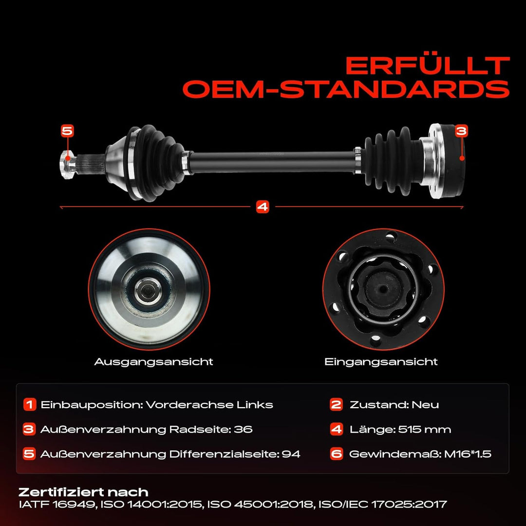 Frankberg Antriebswelle Vorne Links Kompatibel mit Ibiza IV 1.2L 1.4L 2008-2015 Toledo IV 1.2L 2012-