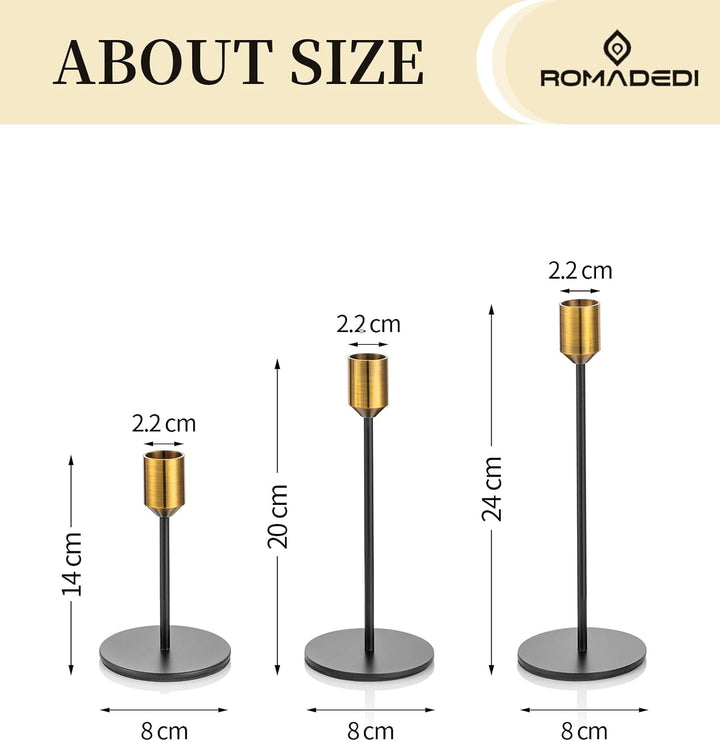 Romadedi Kerzenständer Gold & Schwarz - 3er-Set Hoch Kerzenhalter Unterschiedlicher Grösse für Stabk