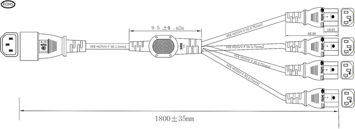 HT-Kabel UPS PDU Computer PC Stromverteilerkabel C14 bis 4 x C13 10A 250V Verlängerungskabel (1,8 m)
