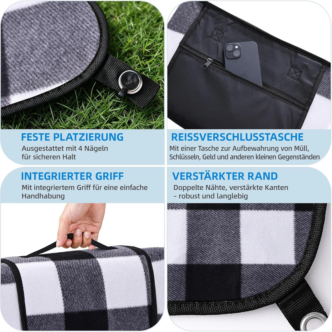 Gucass Picknickdecke Wasserdicht 200x200cm Picknick Decke mit Tragegriff Faltbar Strandmatte Sandfre