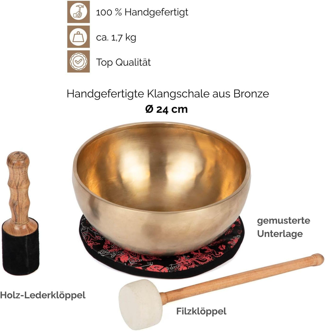 Bodhi Tibetische Klangschale Ø 24 cm | Handgefertigtes Klangschalen Set inkl. Kissen & Klöppel | Sin