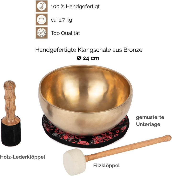 Bodhi Tibetische Klangschale Ø 24 cm | Handgefertigtes Klangschalen Set inkl. Kissen & Klöppel | Sin